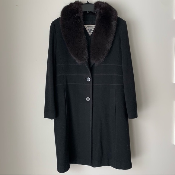 VINTAGE Marvin Richards 100% Lambswool Long Black Jacket Women's 12 Fur Collar - Picture 1 of 7